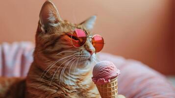 ai généré élégant chat en mangeant la glace crème photo