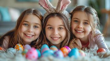 ai généré Trois les filles avec lapin oreilles pose dans herbe photo