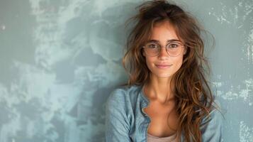 ai généré femme dans des lunettes penché contre mur photo