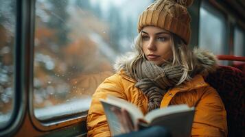 ai généré femme séance sur autobus en train de lire une livre photo