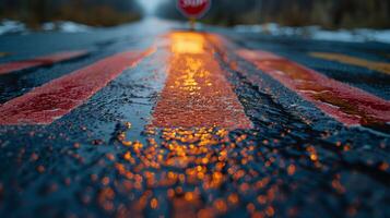 ai généré Arrêtez signe sur humide route photo