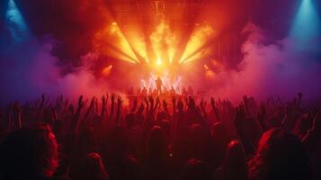 ai généré foule de gens avec élevé mains à concert photo