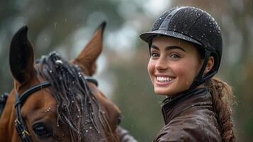 ai généré femme dans rouge veste permanent suivant à marron cheval photo