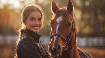 ai généré femme dans rouge veste permanent suivant à marron cheval photo