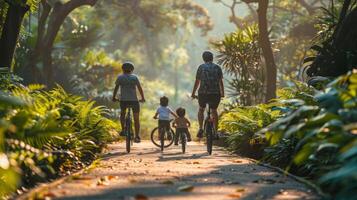 ai généré famille équitation vélos vers le bas saleté route photo