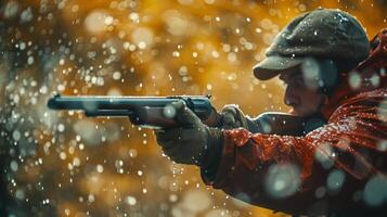 ai généré homme dans Orange manteau et chapeau en portant pistolet photo