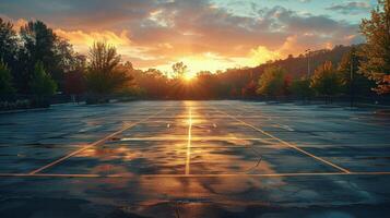 ai généré Soleil réglage plus de vide parking lot photo