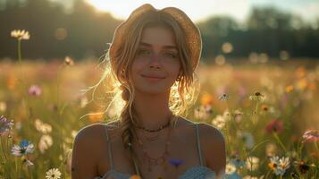 ai généré femme portant chapeau permanent dans champ de fleurs photo