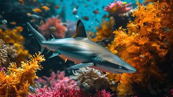 ai généré requin nager par coloré corail récif photo