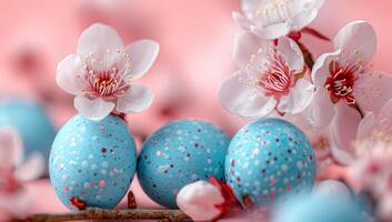 ai généré bleu Pâques des œufs avec Cerise fleur sur rose Contexte photo