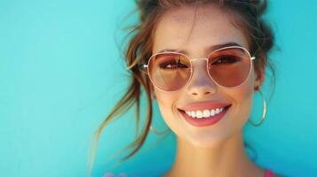 ai généré une fermer photographier de une à la mode Jeune femme portant des lunettes de soleil, souriant dans de face de une bleu Contexte photo