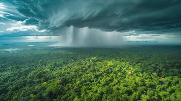 ai généré géant nuage planant au dessus luxuriant vert forêt photo