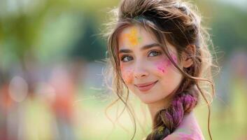 ai généré portrait de une magnifique Jeune femme avec coloré poudre peindre sur sa visage photo