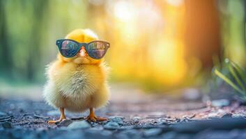 ai généré mignonne peu Jaune poulet dans des lunettes de soleil sur flou Contexte. Pâques vacances concept. photo