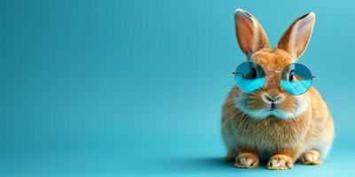 ai généré mignonne Pâques lapin portant des lunettes de soleil sur bleu Contexte avec copie espace. photo