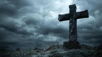 ai généré pierre traverser pierre tombale dans cimetière avec orageux ciel photo