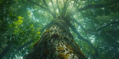 ai généré vieux gros arbre dans le forêt avec rayons de soleil par le branches photo