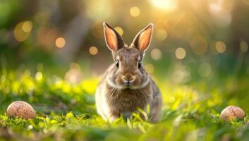 ai généré mignonne lapin avec Pâques des œufs sur vert herbe dans lumière du soleil. photo