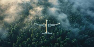 ai généré avion en volant dans le des nuages plus de le forêt. photo
