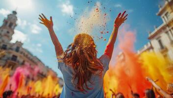 ai généré femme ayant amusement pendant le Holi Festival photo