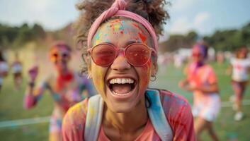 ai généré en extase femme célébrer la vie à vibrant Couleur Festival photo