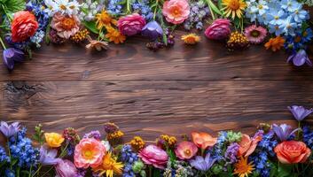 ai généré coloré printemps fleurs sur en bois Contexte. Haut vue avec copie espace photo