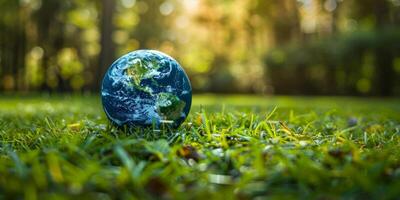 ai généré globe sur vert herbe avec bokeh Contexte. enregistrer le monde concept. environnement préservation et écologie conscience. photo