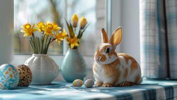 ai généré mignonne lapin lapin séance sur une rebord de fenêtre suivant à une vase de jonquilles. photo