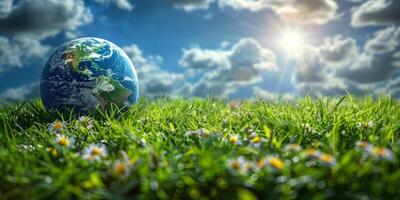 ai généré Terre globe sur vert Prairie avec fleurs en dessous de bleu ciel. concept de environnement protection, durabilité, et éco amical vie. photo