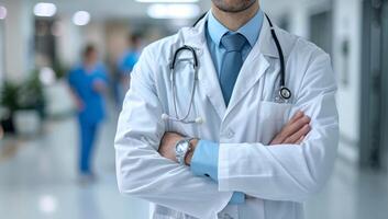 ai généré sur de soi médecin avec stéthoscope permanent dans hôpital couloir. médical professionnel soins de santé compétence. photo