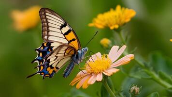 ai généré argynnis niobe fritillaire papillon sur fleur, proche en haut ventral vue photo