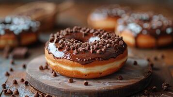 ai généré Chocolat couvert Donut sur en bois planche photo