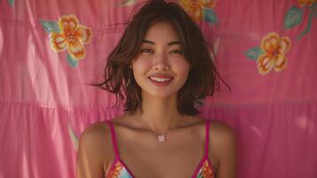 ai généré vibrant asiatique femme souriant vivement contre une rose toile de fond. photo