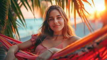 ai généré été vacances avec une charmant fille relaxant dans une vibrant hamac photo