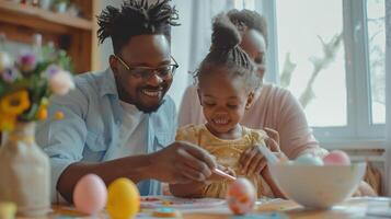 ai généré une mère, père, et leur fille sont joyeusement La peinture Pâques œufs, une content famille avoir prêt pour le Pâques fête photo