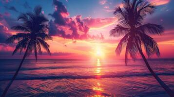ai généré silhouettes de paume des arbres sur une tropical plage pendant une vibrant le coucher du soleil photo