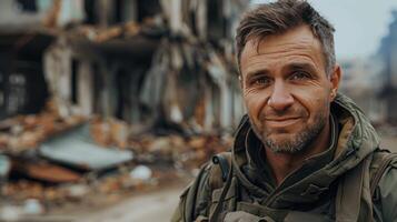 ai généré soldats sourire au milieu de ruines photo