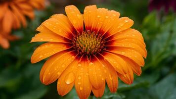 ai généré pluie gouttelettes collecte sur Orange fleur pétales, brillant jardin Contexte photo