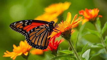 ai généré macro artistique image de monarque papillon avec brillant été fleurs photo