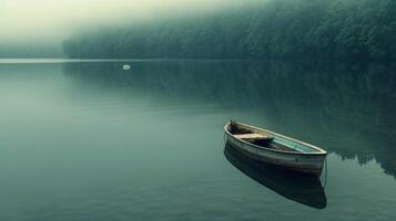 ai généré tranquille lac, avec clair l'eau reflétant le alentours des arbres et une Célibataire bateau flottant photo