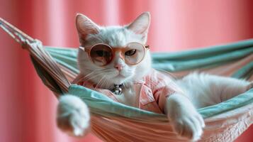 ai généré une charmant blanc chat portant des lunettes de soleil et une chemise salons sur une en tissu hamac photo