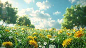 ai généré une charmant Prairie rempli avec vibrant vert herbe et Jaune pissenlit fleurs photo