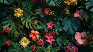 ai généré une tropical fleur jardin, avec exotique fleurit et luxuriant feuillage, création une coloré photo