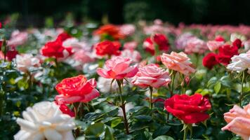 ai généré coloré Rose jardin dans plein floraison, peu profond profondeur Contexte photo