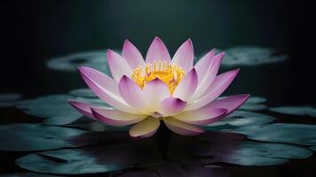 ai généré majestueux lotus fleur fleurit contre une sombre, mystérieux toile de fond photo