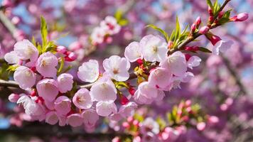 ai généré prune fleur branches avec rose fleurs célébrer le arrivée de printemps photo