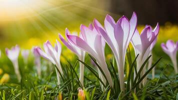 ai généré incroyable lumière du soleil sur épanouissement printemps fleurs avec crocus, faune photo