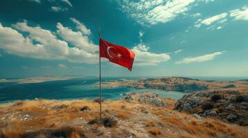 ai généré une turc nationale drapeau est affiché sur une pôle en plein air photo