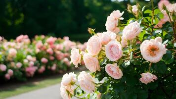 ai généré été jardin parc Contexte avec rose pâle des roses buisson, bokeh photo