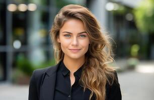 ai généré une affaires femme des stands dans de face de un Bureau bâtiment photo